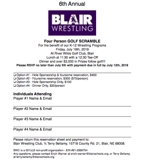 Blair_WC's tweet photo. Our Blair Wrestling golf outing is Friday, July 19th this year. If you are interested in playing, donating a raffle prize, or sponsoring a hole please let Coach Warner know. The golf outing money supports our K-12 wrestling program. #OTOG https://t.co/wIyzk1iPvu