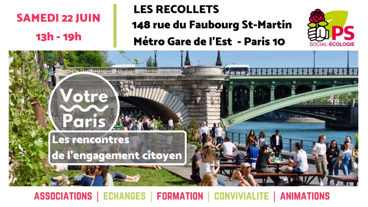 📍 Nous vous donnons rendez-vous samedi 22 juin à partir de 13h aux Récollets (148, rue du Faubourg Saint-Martin #Paris10) avec des élu.e.s, militant.e.s et associations pour échanger sur le #Paris de demain avec les acteur.rice.s du #Paris d’aujourd’hui.
#RencontresVotreParis