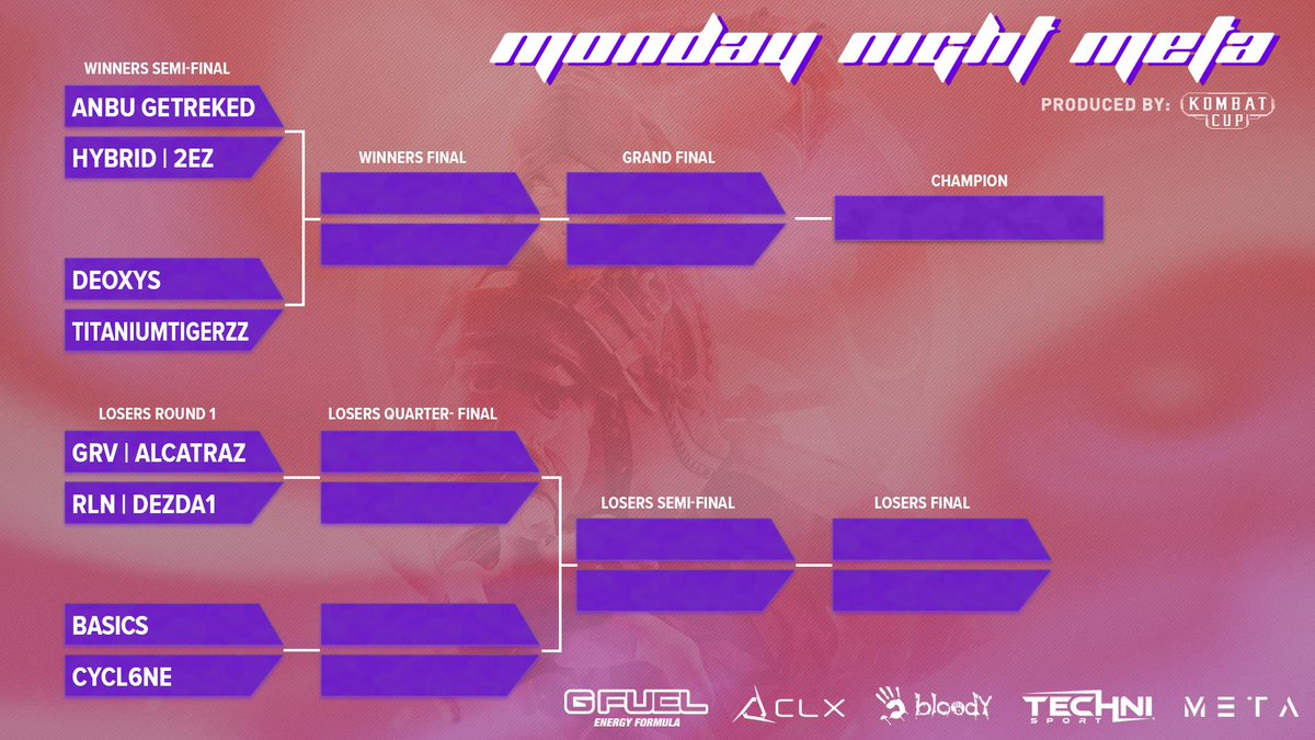 KolosseumStudio's tweet photo. In a few hours, the Top 8 of #MondayNightMeta will continue on https://t.co/90164Id8ZT! #MK11
Tune in at 7PM ET to see who wins the prize package from these great companies: @metathreads @GFuelEnergy @CLXGaming @Bloodygaming @TechniSport! https://t.co/s3MoLOcN0J
