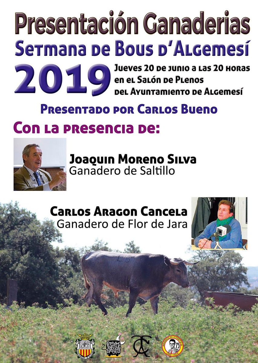 Comisioalgemesi's tweet photo. Dijous 20 de juny,a les 20:00 hores, al saló de plens de @algemesi_net es presentaràn les ramaderies participants a la SETMANA DE BOUS 2019!! #Setmanadebous #Bous2019 #Algemesí https://t.co/C8aMmlG3In