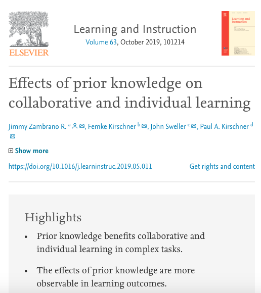 jimzambrano's tweet image. A paper with @femkekirschner, John Sweller, and @P_A_Kirschner is online:
The effect of prior knowledge on collaborative and individual learning from cognitive load theory. @OU_Nederland @Welteninstitute 
#cognitive_load_theory, #individual_learning, #collaborative_learning 😀
