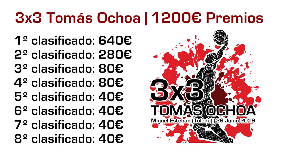 3x3 Tomás Ochoa | 1200€ en premios.
1er clasificado: 640€
2º clasificado: 280€
3er clasificado: 80€
4º clasificado: 80€
5º clasificado: 40€
6º clasificado: 40€
7º clasificado: 40€
8º clasificado: 40€

No te quedes sin plaza y disfruta de un gran día de baloncesto!!