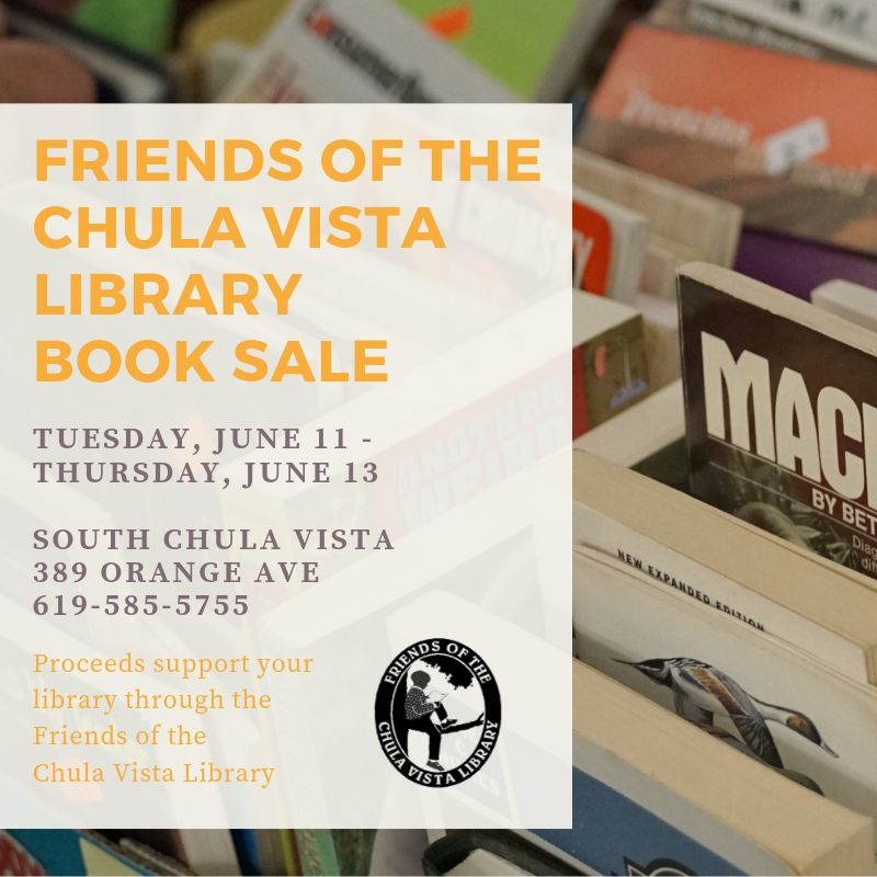 ChulaVistaLib's tweet photo. Our second summer Friends of the Chula Vista Library Book Sale starts tomorrow. Stop by our South Chula Vista location tomorrow thru Thursday, June 13 and discover hidden treasures! #CVPLReads https://t.co/DbEDPQ15lU