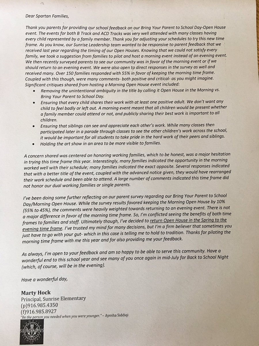 SunriseElem's tweet photo. We would like to share with you the letter from Mr. Hock regarding Open House 2019-20. We have listened and reflected in the voices and needs of our families. Thank you for being open minded as we try to be responsive to all family voices. #TeamSparty #SunriseFamilies https://t.co/apmRDd0fD8