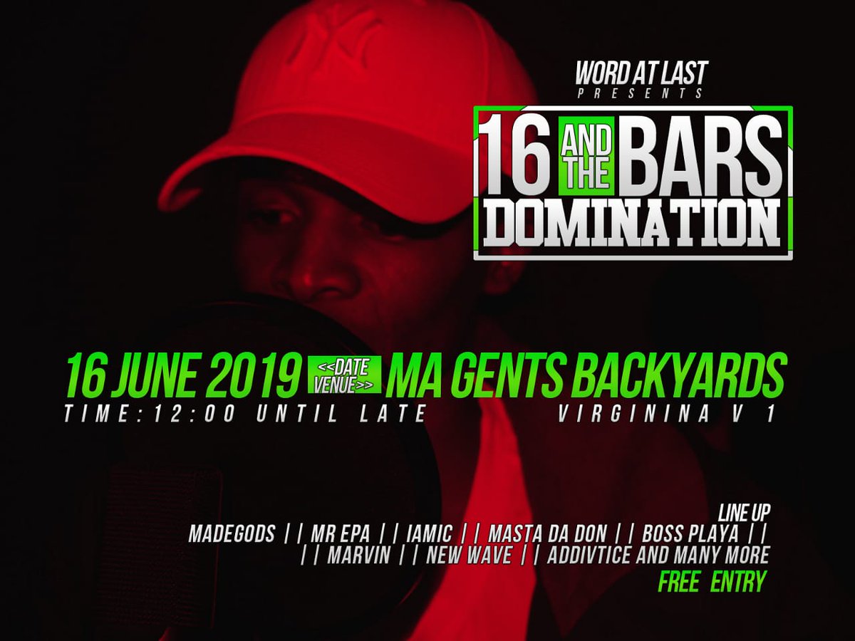 wordatlast's tweet photo. #JUNE16 | VIRGINIA | V1 | BEREA SHOPPING CENTRE | MAGENTS BACKYARD | 12PM TILL LATE #16andthebars #16june #wal #waltv #wordatlasttv #wordatlast  #hiphop #sessions[https://t.co/y4lFwq3Ce2] https://t.co/eWJycsAaXg