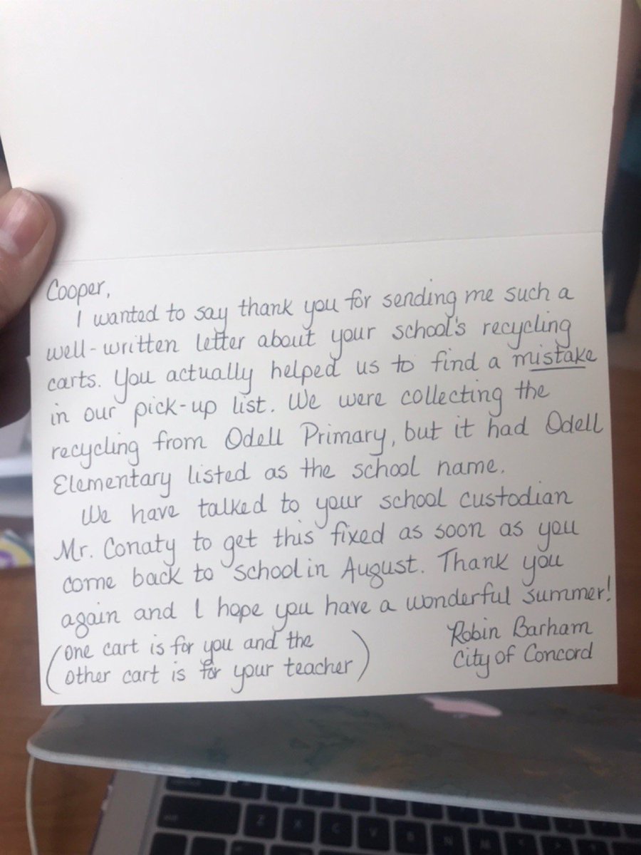 KeefersKeepers's tweet photo. My kiddos noticed a problem and took action! Our county hasn't been picking up our recycling and one student's letter helped them realize their mistake! We are #worldchangers and #WeROdell 
#servicelearning https://t.co/hsCkMTeC5S