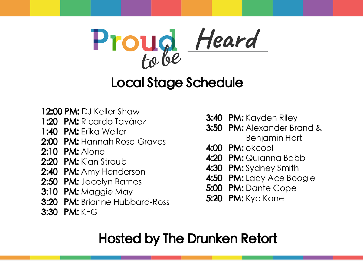 GRPrideCenter's tweet photo. Check out the schedule for our Proud to be Heard Local Stage! Hosted by The Drunken Retort, the Local Stage will feature local musicians, poets and artists. 

Grand Rapids Pride Festival is THIS Saturday, June 15th from 12pm- 10pm! #proudtobe #onegr https://t.co/xeDiTlh84d