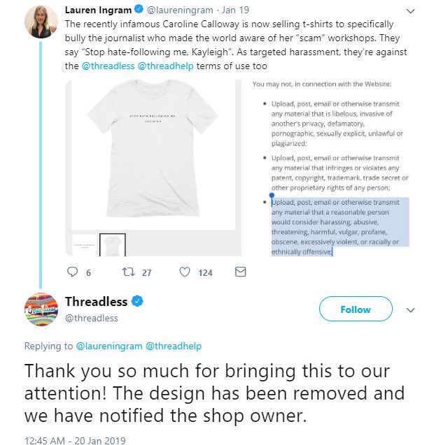 all the while, a woman named Kayleigh ( @ceilidhann) makes a big twitter thread about this mess. Caroline in response makes hate t shirts about her to sell