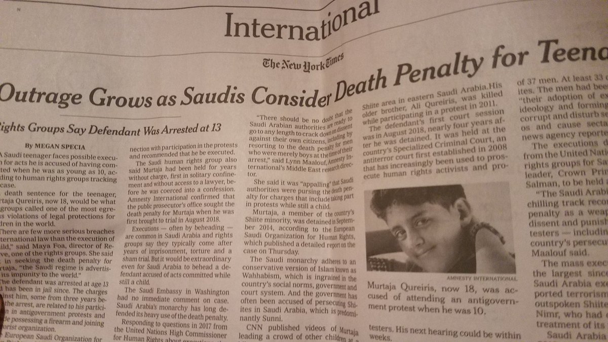 Ajshapiro01's tweet photo. The Saudis plan to execute a teen for being at a protest when 10 y. He has also been placed in solitary confinement. No matter that  regime is besties with Trump and Kushner. This abomination must be stopped! Call your rep now. https://t.co/9o1d4AQPbW