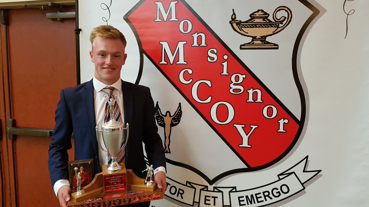 MitchBach's tweet photo. The night ended with pure class and admiration from @MMcCoy_MH.

The Brad Jackle Memorial Award is the highest honour a student-athete can receive. 

This year's recipients are Caleb Kinch from golf, and Kassidy Rae from girls basketball/volleyball - both graduating. 
#mhsports https://t.co/dRVza8YE3a