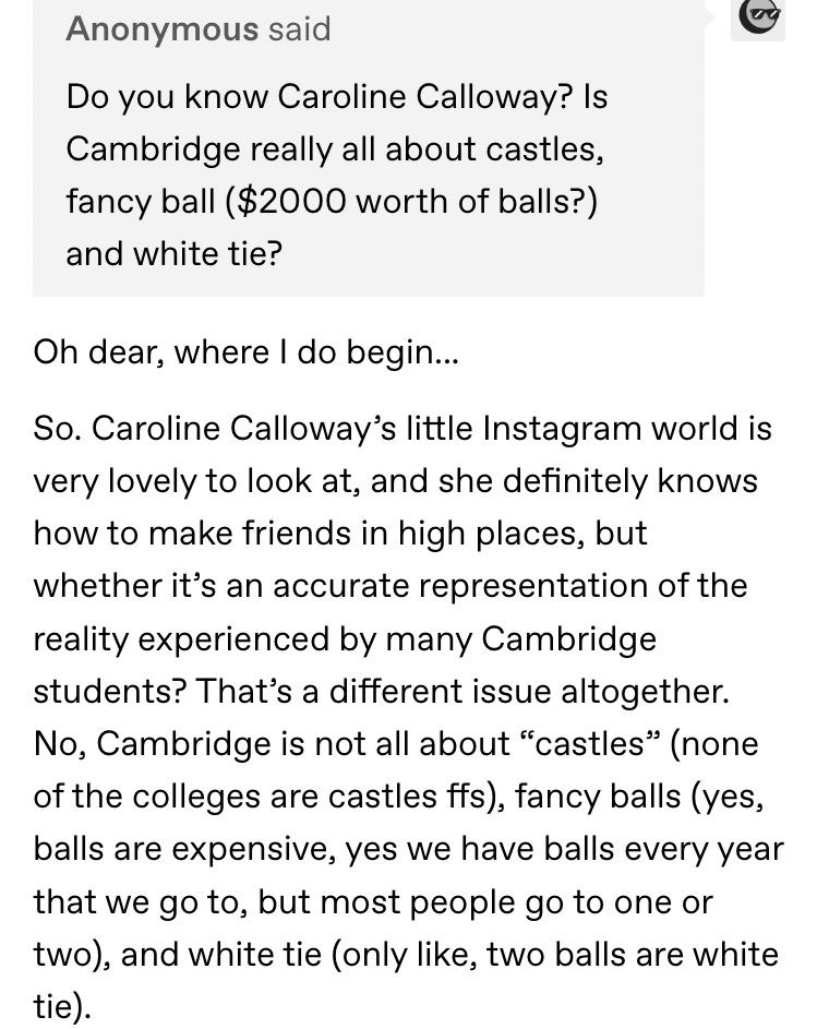 Some people criticize Caroline because she overly romanticized Cambridge and acted like they were living in like Harry Potter and not real life. She also allegedly faked a disability or something to get a cuter dorm