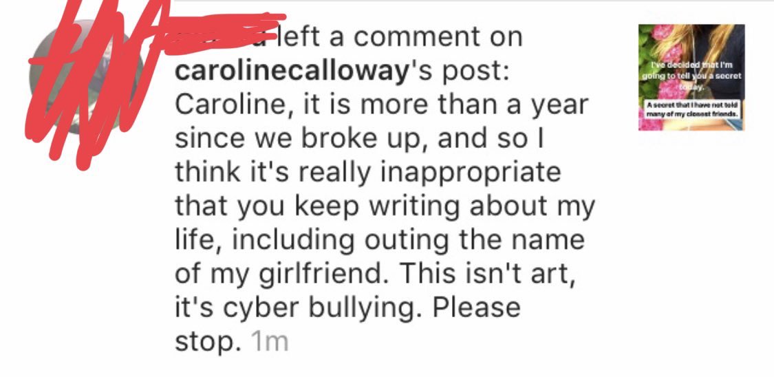 In 2018 Oscar publicly asks Caroline to stop posting about him and she refuses. She also posted the @ of his new girlfriend bc the new gf was being a bitch and fans attacked the new gf at some point