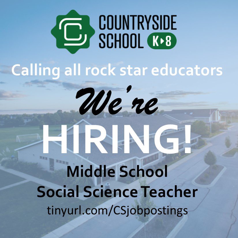 CountrysideK8's tweet photo. Countryside is hiring! We are looking for a rock star middle school social studies teacher. Please help us spread the word! https://t.co/aZBCzTeGcI #JoyInLearning https://t.co/d7bOVCedPn