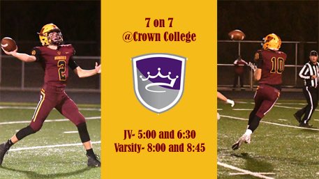 First 7 on 7 of the season tomorrow! It will be held at Crown College. We need any players that can make it to be there. Let’s get it!