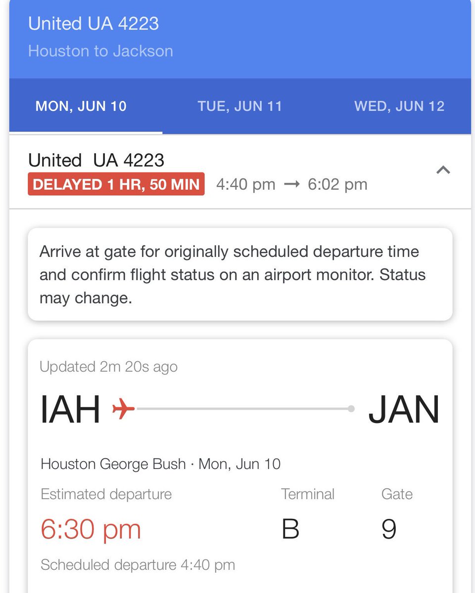 KerwinStretch's tweet photo. @united delayed 1 hour and 50 minutes for crew availability - in Houston, one of your hubs!!!  Still waiting 😩. Get it together... https://t.co/Ketnx4a7qc