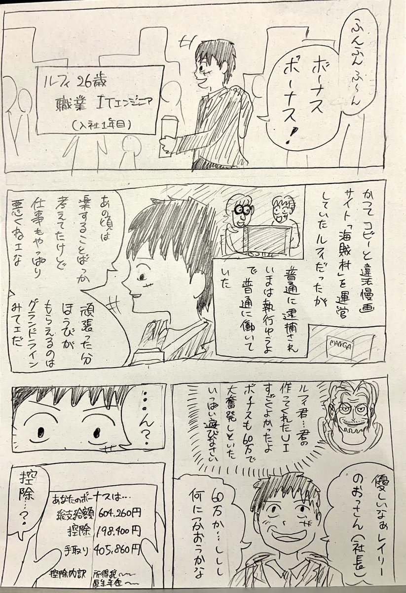 手書き漫画家ダイチさん A Twitter 社会人one Piece第2話 ルフィ 年金にキレる