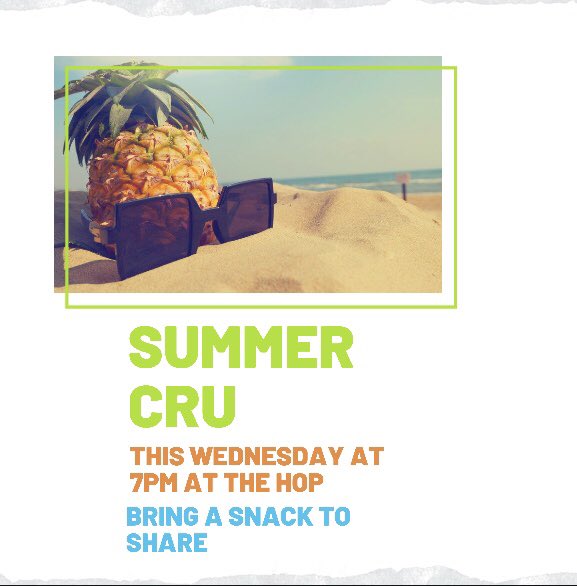 CruAtUVA's tweet photo. Summer Cru is kicking off this WEDNESDAY at 7PM at the HOP (on John St).

We will catch up on how everyone is doing for a "ReCrunion" type of gathering where I will share what we hope to get going this summer.

Bring a snacks to share-we will have a snack potluck! https://t.co/76qOvyzsoR