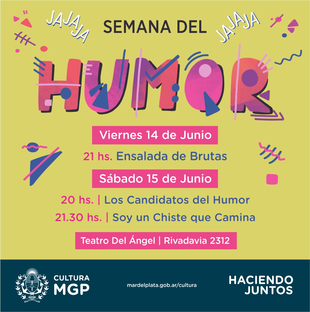 CulturaMGP's tweet photo. #SemanaDelHumor Preparate para reír a carcajadas también en el Teatro del Ángel:
👉Ensaladas de brutas
👉Los candidatos del humor
👉Soy un chiste que camina
📲Mandanos un #WhatsApp al 2235444011 con la palabra ESPECTÁCULOS y retirá 2 entradas. Abonan solo el seguro de $50. https://t.co/kQlSX5d1PM