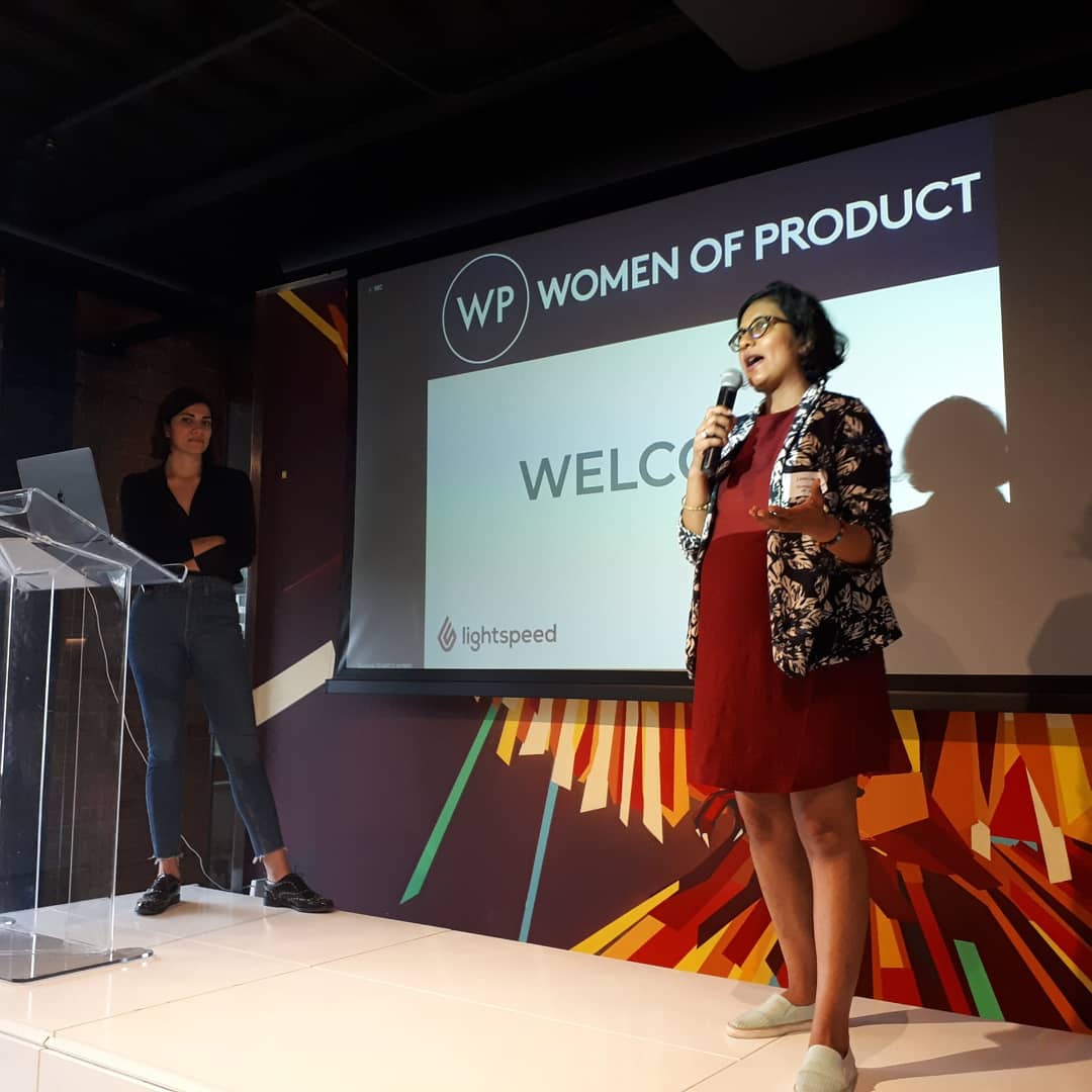 Women of Product tonight at <a href="/LightspeedHQ/">Lightspeed Commerce</a> is driving a room full of people to drive their careers in #productownership. #wpmtl is amazing. And there's pizza!