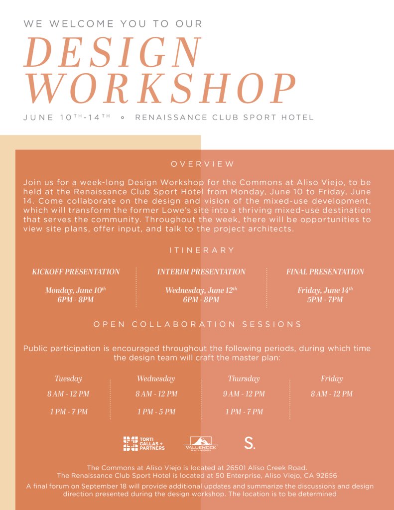 We are excited to kick-off our Design Workshop for The Commons at Aliso Viejo! The opening presentation runs from 6pm-8pm tonight, and will be held at the Renaissance Club Sport Hotel. Full schedule and more information can be found below.