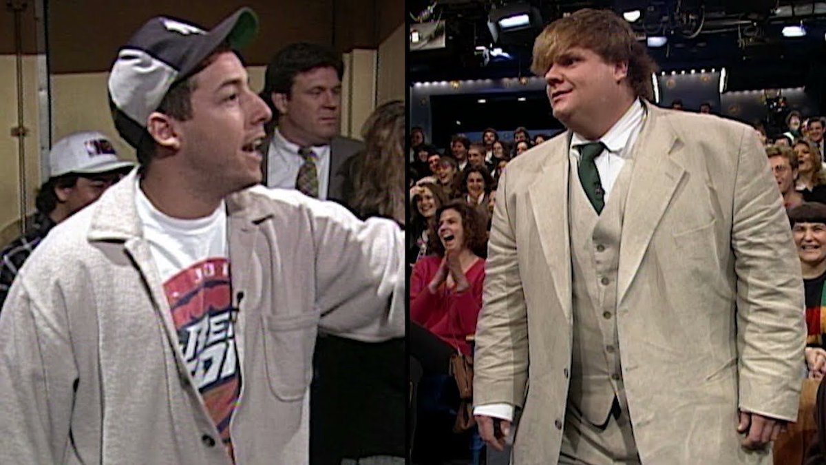 TeamCoco's tweet photo. ICYMI: @AdamSandler and Chris Farley's 1995 appearance together on "Late Night with Conan O'Brien." https://t.co/zNSRdwSERY #CONAN https://t.co/MH5LaAroAb