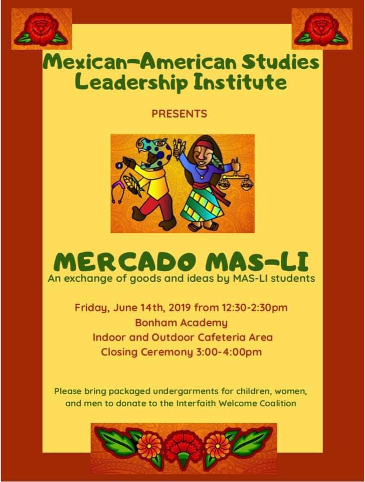 AcademiaBonham's tweet photo. Please help us celebrate the closing of our first Annual Mexican-American studies leadership institute! Join us on Friday for our Mercado :) #MASLI https://t.co/6kMsBP8ngI