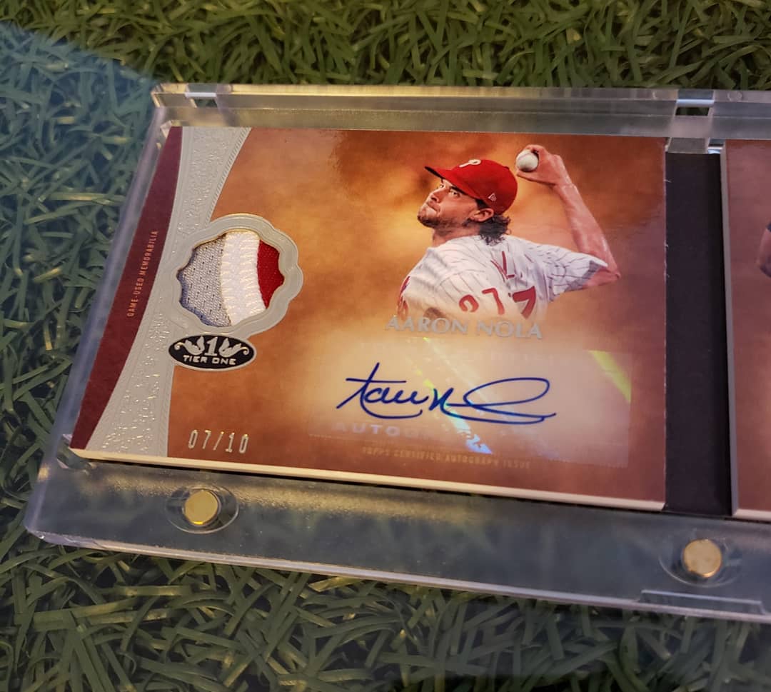 kesh25's tweet photo. Absolute Philthy Card here. 2019 @Topps #TierOne @AaronNola027 @MaikelFranco_ Dual Patch Auto Booklet 7/10! Two of my favorite current players from my favorite team @Phillies. #BeLikeMaik #CompaF #GeauxPhils #Nols #RingTheBell #ToppsTierOne #DualPatchAuto #Booklet https://t.co/1aWm4SWEQM