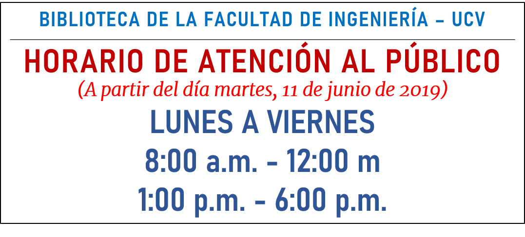 biblingeucv's tweet photo. A partir del día martes, 11 de junio, la Biblioteca de la Facultad de Ingeniería retoma su horario habitual: Lunes a viernes: (8:00 a.m. A 12:00 m
1:00 p.m. A 6:00 p.m.) https://t.co/7Hu0GHxyEM