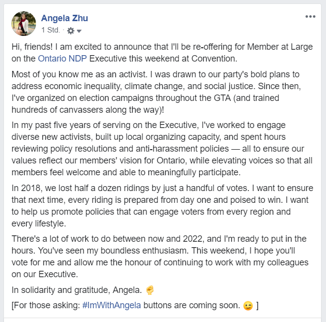 AngelaofTC's tweet photo. Hi, friends! I am excited to announce that I'm re-offering for Member at Large on the @OntarioNDP Exec this wknd at Convention.

You've seen my boundless enthusiasm over the past 5 years. I hope I've earned your vote.

[Yes, of course, #ImWithAngela buttons are coming soon. 😂] https://t.co/oPKSVHvuqv