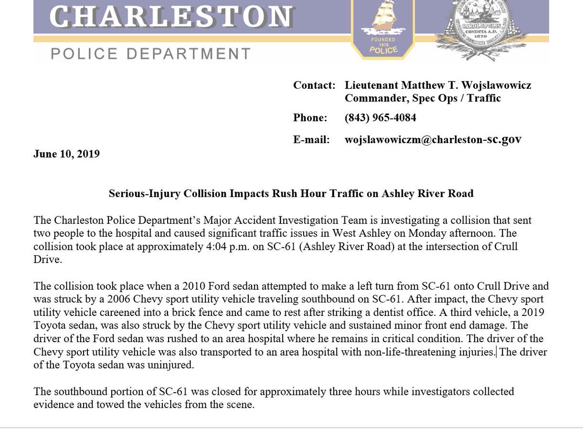 Serious-Injury Collision Impacts Rush Hour Traffic on Ashley River Road
#chsnews #chstrfc