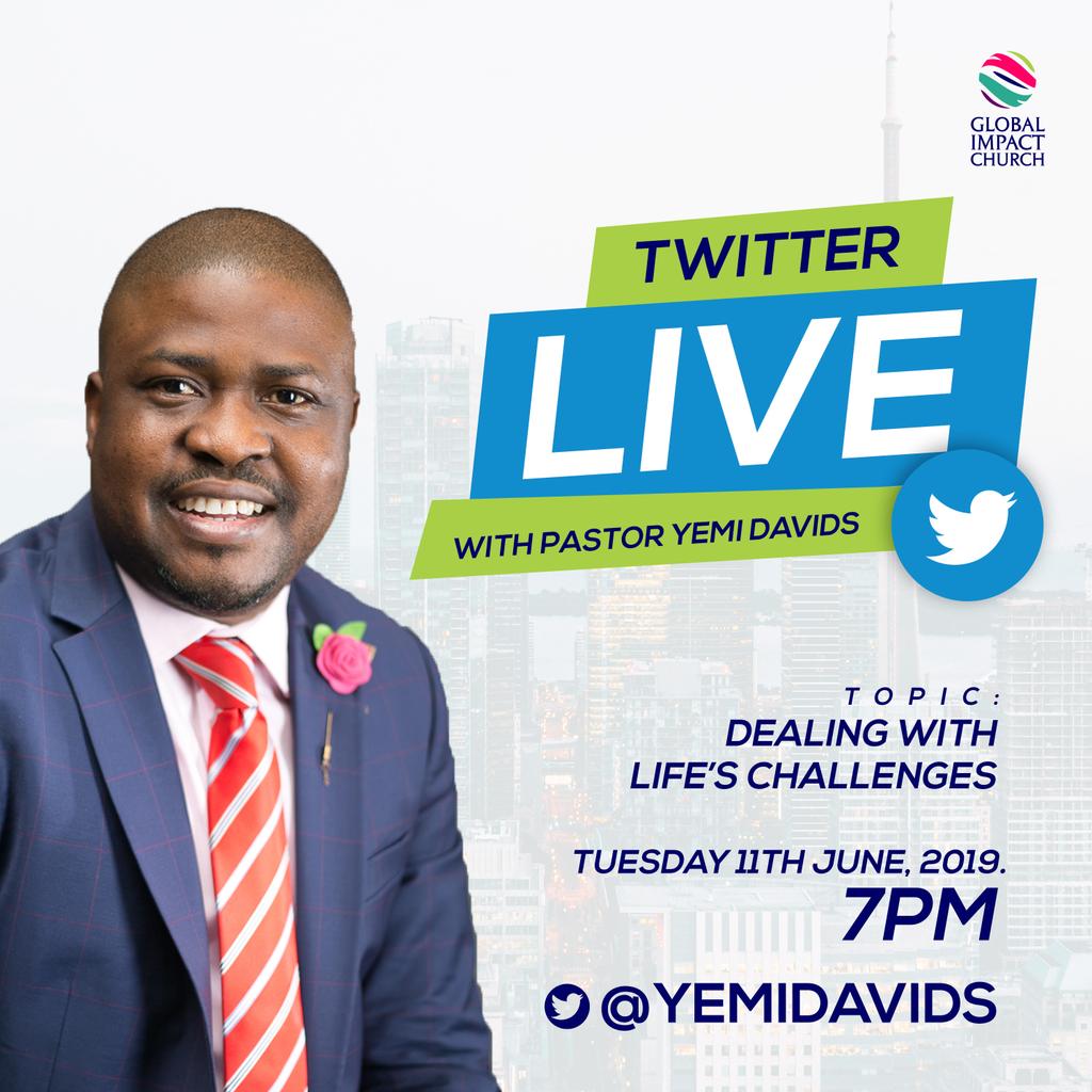Join me on Twitter Live <a href="/YemiDavids/">Yemi Davids</a>

Topic: Dealing With Life's Challenges

Tuesday 11th June, 2019 (TODAY!)

Time: 7pm
<a href="/yemidavids/">Yemi Davids</a>
Twitter Handle

#YemiDavids
#TwitterLive
#TuesdayMorning
#TuesdayThoughts 
#TuesdayWisdom 
#TuesdayMotivation