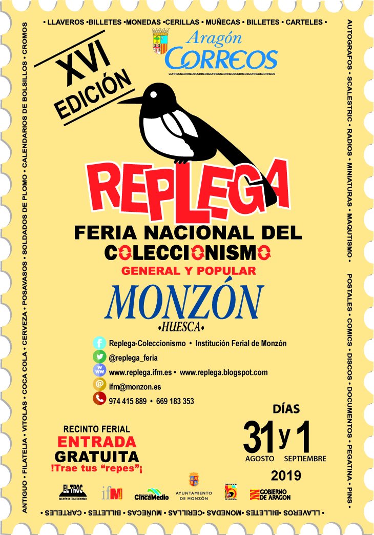 replega_feria's tweet photo. ya falta menos...estamos preparando la XVI edición de la feria del coleccionismo nacional #replega en la cual #Monzón se convertirá en el lugar dónde se darán cita miles de #coleccionistas de toda España. No te lo puedes perder 😃😄
#FeriasMonzón #Huesca #coleccionismo #replega19 https://t.co/NbYxK9Ubd8