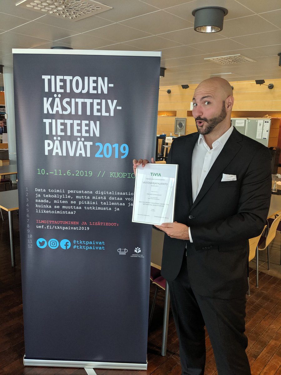 My #PhD thesis on #mhealth #ucd #behavioralchange #gamification and #chronicillness has won the Best Doctoral Dissertation Award of 2018 from @TIVIAry! The project was part of @CHESS_ITN and funded by @MSCActions. cc @salumedia
@UniOulu @m3sOulu
Link: jultika.oulu.fi/Record/isbn978…