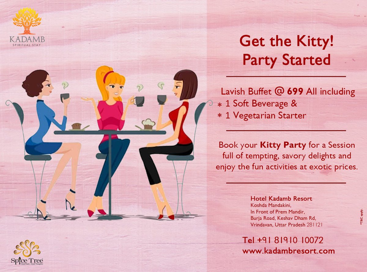KadambSpiritual's tweet photo. To all the #ladies in Vrindavan (Mathura), This summer host your #coolest kitty party at Hotel Kadamb Resort, #Vrindavan starting at INR 699.
For reservations, please call Us: +91-8191010072 | https://t.co/8SmByKeSJx
#KittyParty #Party #Hotel #HotelVrindavan #HotelMathura https://t.co/Q1AQ7lSxDe