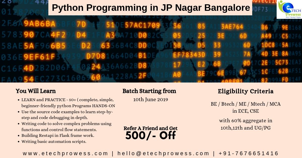 EtechProwess's tweet image. Hurry up!!!!!!! LIMITED SEATS AVAILABLE
For More Details: etechprowess.com
Call no : +91-7676651416
#PythonprogrammingtutorialinBangalore
#PythonprogrammingcourseinJPnagar
#PythonprogrammingtutorialinJpNagar
#PythonprogrammingcourseinBangalore