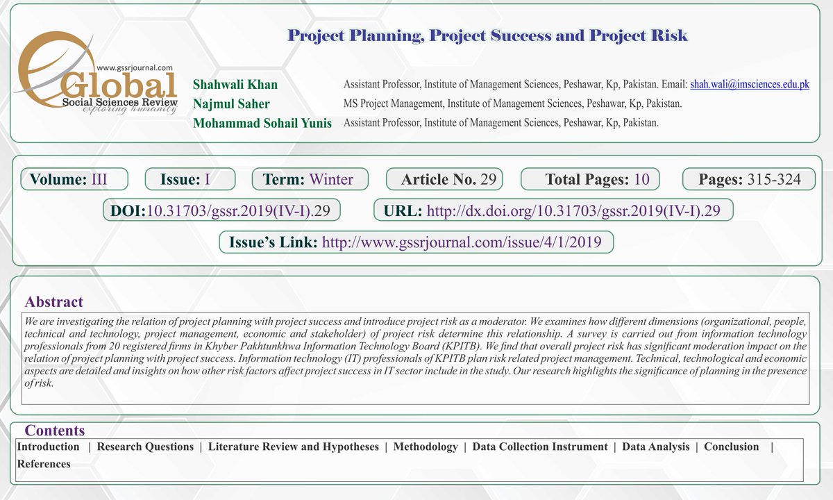 GSSRjournal's tweet image. Project Planning, Project Success and Project Risk

Weblink: gssrjournal.com/article/Projec…

Download PDF: gssrjournal.com/jadmin/Auther/…

Keywords: #Project_Planning, #Project_Risk,#Project_Success, #Information_Technology_Projects, #Risk_Factors, #Moderation