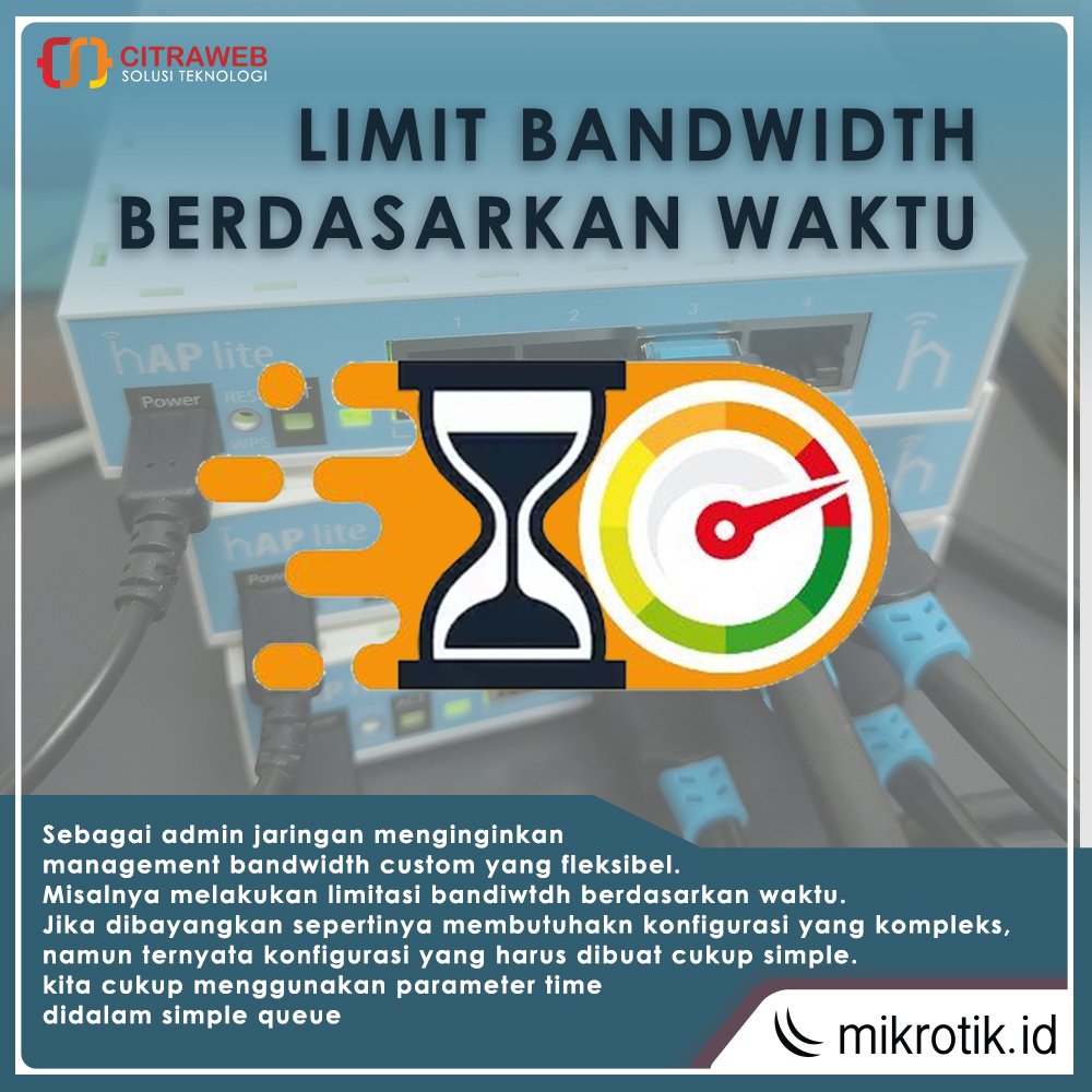 mikrotik_id's tweet photo. Parameter Time di Simple Queue digunakan untuk menentukan kapan rule akan aktif di jam dan hari yang bisa kita tentukan sendiri.
Pelajari selengkapnya di
https://t.co/7LlZjPRPxO
#TimeLimit #QoS #SimpleQueue #BandwidthManagement #Mikrotik #MikrotikID #Citraweb #CST https://t.co/C5731mTRg1