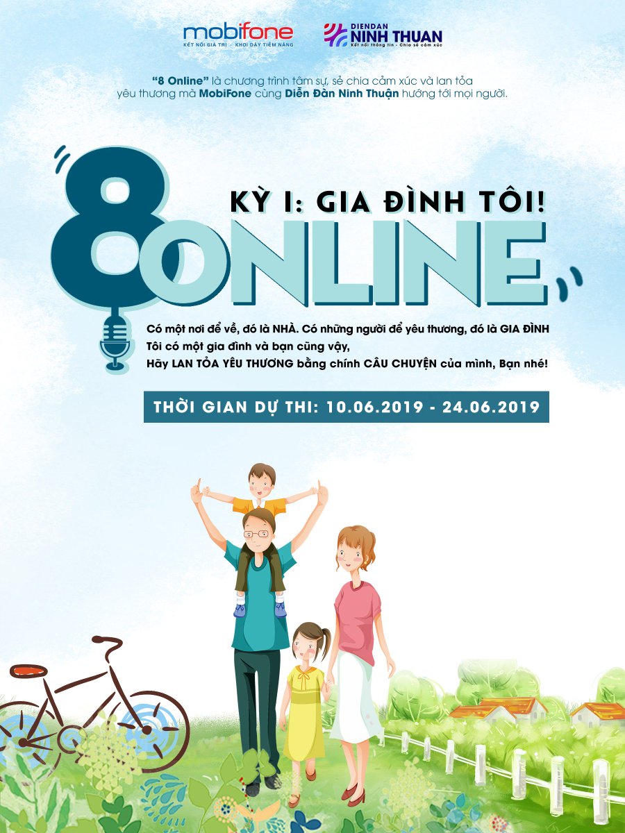 ninh_dien's tweet photo. 🎤👪🎤 CUỘC THI "8 ONLINE" - KỲ I: GIA ĐÌNH TÔI ! 

"8 ONLINE" là chương trình tâm sự, sẻ chia cảm xúc và lan tỏa yêu thương mà MobiFone Ninh Thuận cùng đơn vị Diễn Đàn Ninh Thuận hướng tới mọi người.

Dự thi: https://t.co/jKOfBILBtn 

#MobiFone #DienDanNinhThuan https://t.co/onZJWhX43j
