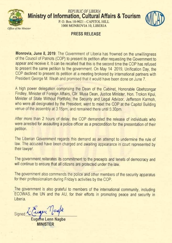 FPlator's tweet image. A press released from the Liberian government through the Information Ministry.