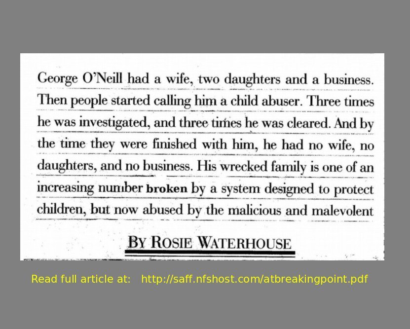 SAFFtweets's tweet photo. Heart-rending story of one of the first innocent men to be persecuted under the guise of 'child-protection'. His life was progressively destroyed by suspicions of the #ChildScareIndustry & it's social-work footsoldiers. @rosiew5 Waterhouse exclusive.
https://t.co/7kdVbogrs4 https://t.co/dsiIWPzVQk