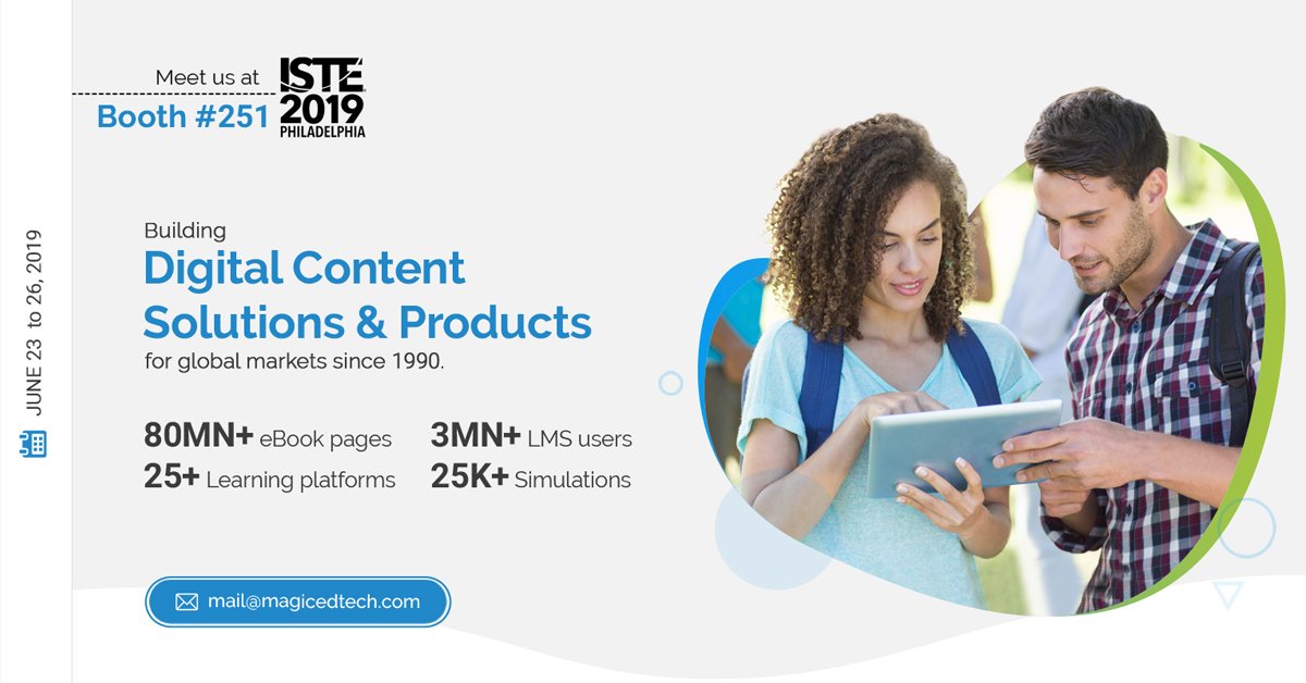 magicedtech's tweet image. We are coming to @iste in Philadelphia on June 23,19. Meet @AngjohnFerreri from Magic at #ISTE19 and find out how #MagicEdTech can help you reimagine legacy #content to create enriched #immersive experiences. Learn more: lnkd.in/fxHXMsD
#ebooks #interactivecontent #edtech