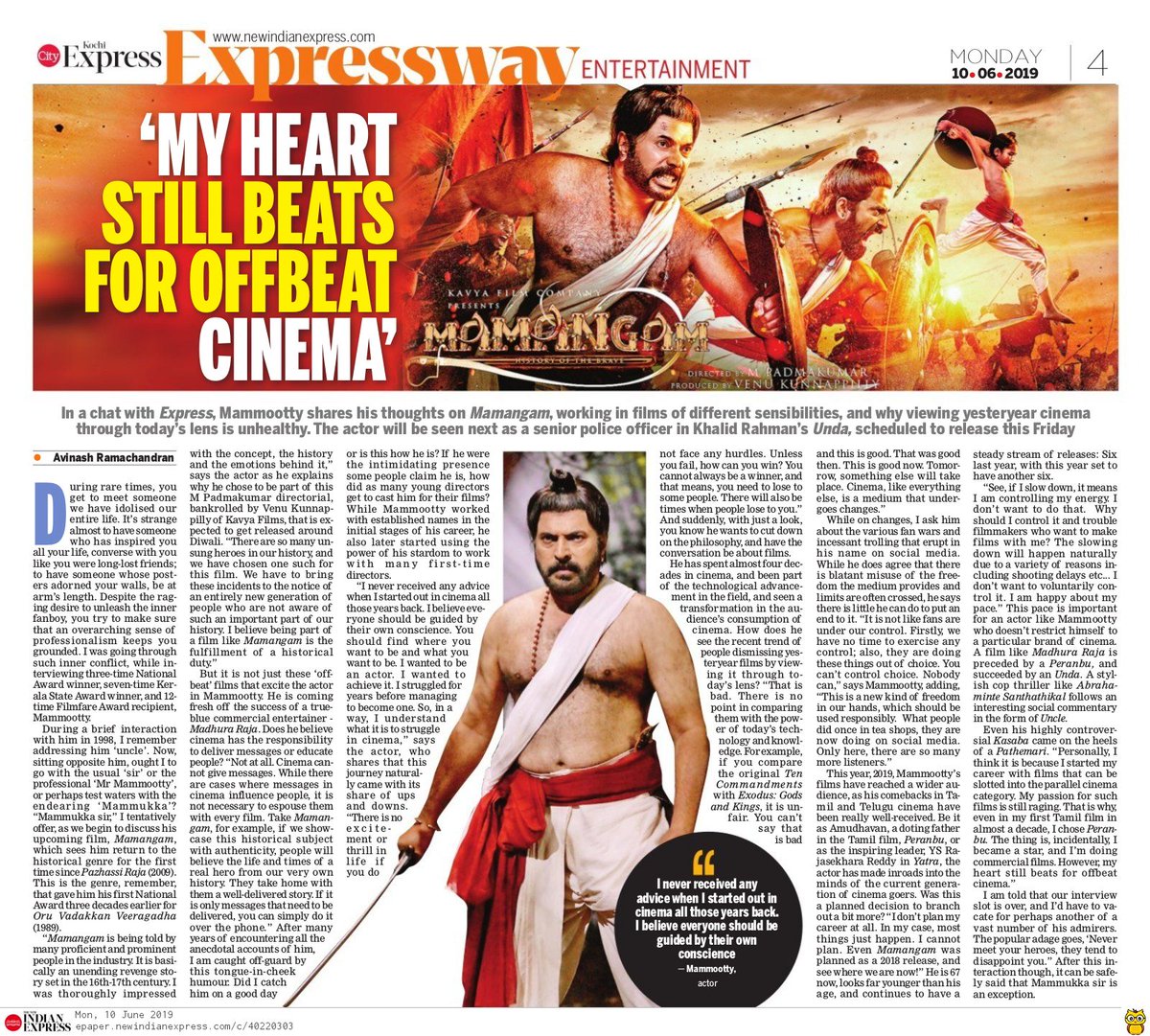 Avinash_R13's tweet photo. The @mammukka interview
The popular adage goes, "Never meet your heroes, they tend to disappoint you." After this interaction though, it can be safely said that #Mammukka sir is an exception
#Mamangam #MamangamFirstLook
Click to Read the online copy: https://t.co/jJksUiI1yL https://t.co/yxOz6bxEKd