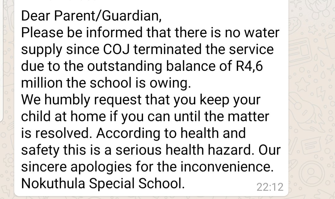 Autism South Africa (@autismsafrica) on Twitter photo Nokuthula School has had their water cut off by <a href="/CityofJoburgZA/">City of Joburg</a> because of outstanding water bill of over R4million! Our children are once again sitting at home! <a href="/Lesufi/">Panyaza Lesufi</a> <a href="/CityPowerJhb/">@CityPowerJhb</a> <a href="/HesterCosta3/">Hester Costa</a> <a href="/JHBWater/">Johannesburg Water</a> <a href="/NokuthulaSchool/">Nokuthula School</a> Where does the problem lie? Nokuthula School has had their water cut off by <a href="/CityofJoburgZA/">City of Joburg</a> because of outstanding water bill of over R4million! Our children are once again sitting at home! <a href="/Lesufi/">Panyaza Lesufi</a> <a href="/CityPowerJhb/">@CityPowerJhb</a> <a href="/HesterCosta3/">Hester Costa</a> <a href="/JHBWater/">Johannesburg Water</a> <a href="/NokuthulaSchool/">Nokuthula School</a> Where does the problem lie?