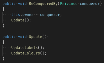 jomoespe's tweet image. Propuesta: separar responsabilidades. BeConqueredBy se encarga de gestionar el nuevo dueño del territorio y disparar evento de actualización; Update sabe qué y como actualizar. Change notification del patrón #MVC #separationOfConcerns