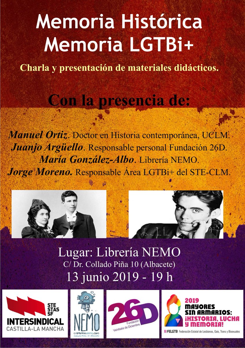 steclm's tweet photo. 📢🏳️‍🌈ALBACETE: Presentación de Unidades  Didácticas por la recuperación de la MEMORIA HISTÓRICA LGTBI+: "Mayores  sin armarios ¡Historia, Lucha y Memoria!" 

📌Lugar: Librería Nemo Albacete: C/ Collado Piña, 10
📌Día y Hora: 13 junio, 19 h

¡Te esperamos! https://t.co/vDhCnBlYWv