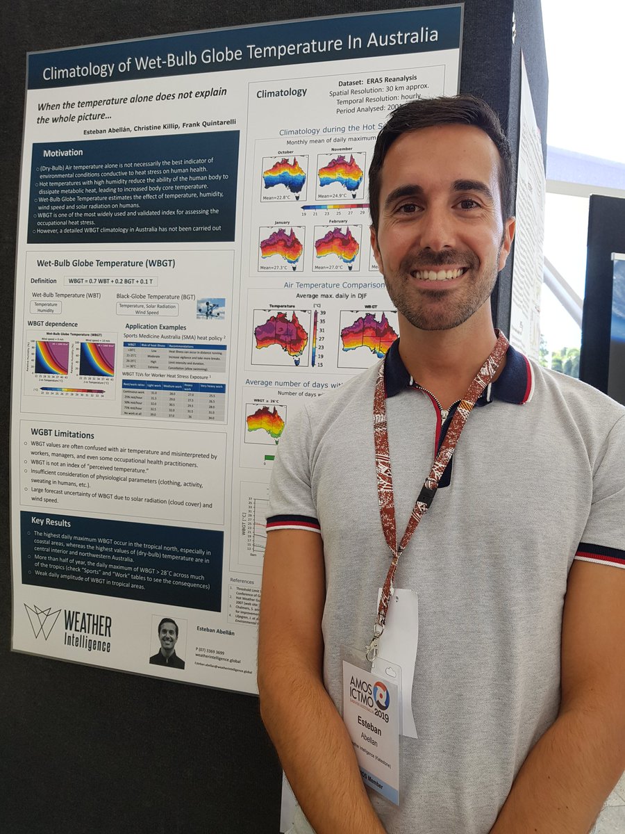 WeatherIntell's tweet photo. Presenting a poster on the Australian climatology of Wet-Bulb Globe Temperature at #AMOS2019 https://t.co/OvaMSW3uZM
