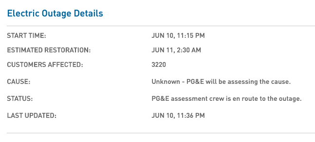 berkeleyside's tweet photo. Several thousand people reportedly without power in #Berkeley, according to @PGE4Me's outage map. https://t.co/CrJ3z5tRwy No cause listed. Could last until 2:30AM. https://t.co/iMUb8Otk8f