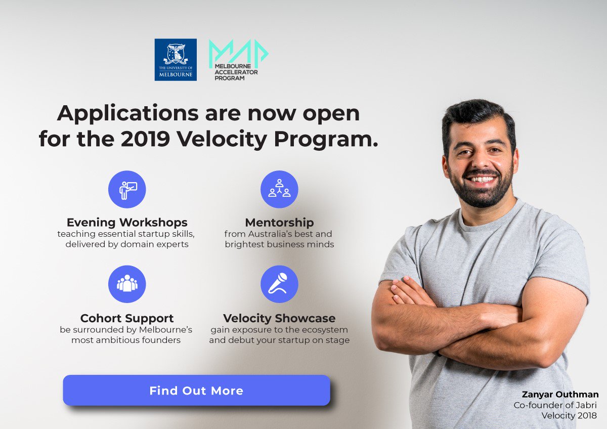 MAPUniMelb's tweet image. The Velocity program helps early-stage founders pressure test their startups - speeding up their discovery of first customers and pathway to product-market fit.

Apply to join the Velocity program in 2019: bit.ly/Apply2019veloc… (Closes on FRIDAY)

#Startups #MAPunimelb #Apply