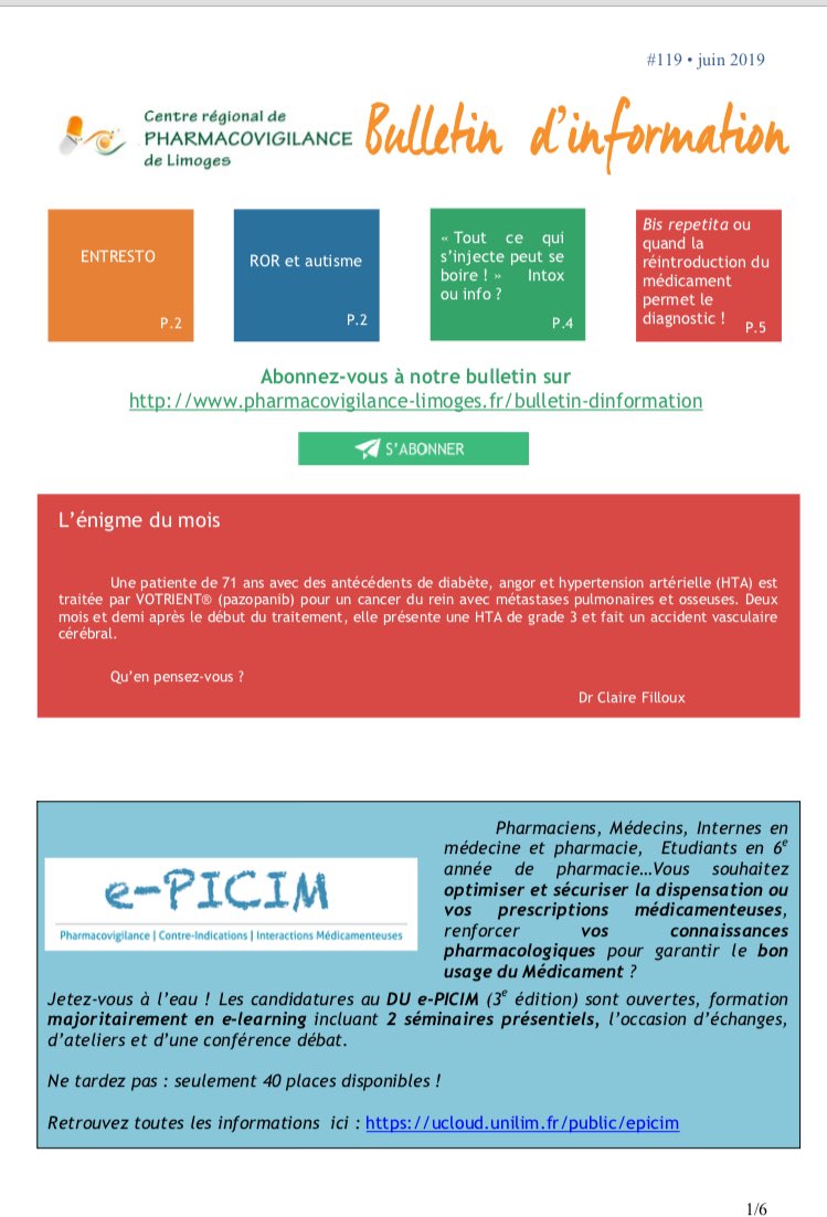 CRPV_Limoges's tweet photo. 📬Retrouvez le nouveau bulletin d’informations du @CRPV_Limoges 
#ROR #Autisme #ENTRESTO #Sacubitril #VOTRIENT #pazopanib #corticoides #codeine #ePICIM et autres sujets! 

📖Bonne lecture #retweet 
https://t.co/gJJYI5Ak1y https://t.co/sWs6dRdf5Y
