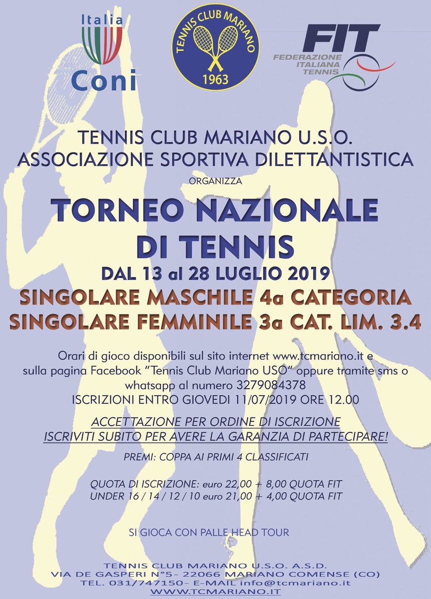 TcMariano's tweet photo. Torneo Nazionale 4a Categoria Singolare Maschile e Singolare femminile limitato 3.4
#tennis #stayfit #torneo #federtennis #tcmariano #tennisclub #headtour https://t.co/JHU3fBAu0D